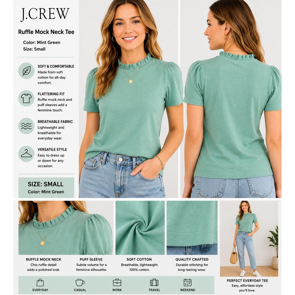 J.Crew Ruffle Mock Neck Mint Green Puff Sleeve Cotton Top Small NEW